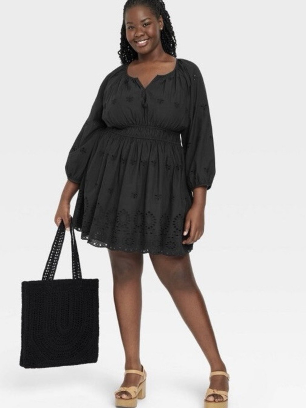 NWT Universal Thread Black Puff Sleeve Eyelet Tiered Smocked Cotton Mini Dress
